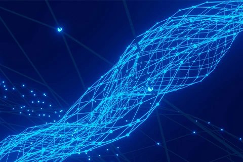 A illustrative depiction of intertwined neon-blue data streams.