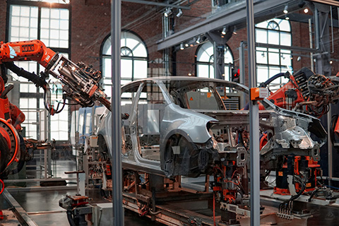 A car on a production line being built by robotic machinery.