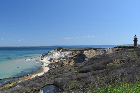 A view of a rugged coast with a lighthouse on the rocks.