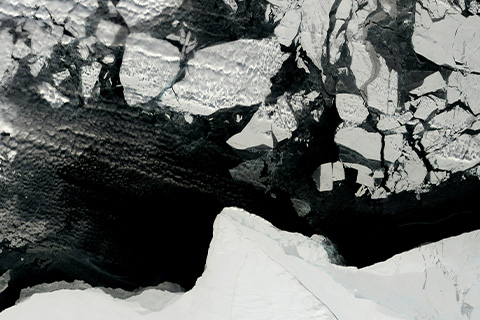 Polar ice breaking apart in the sea.