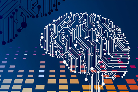 An illustration of a circuit board made to look like the human brain.